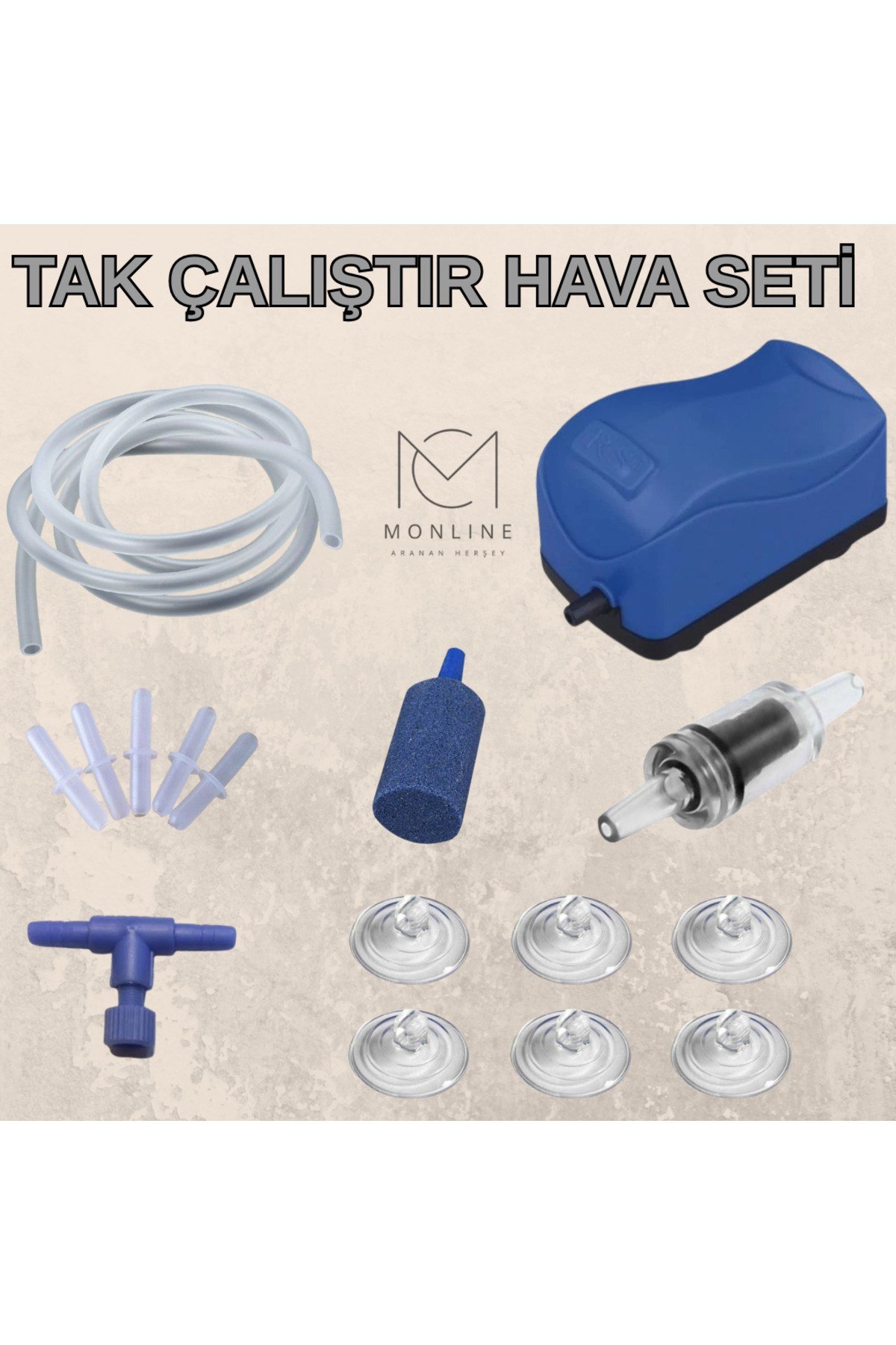 Akvaryum Tak Çalıştır Hava Seti 3mt hortum-hava motoru-5 ek-1 vana-1 hava taşı-6 vantuz-1 çekvalf