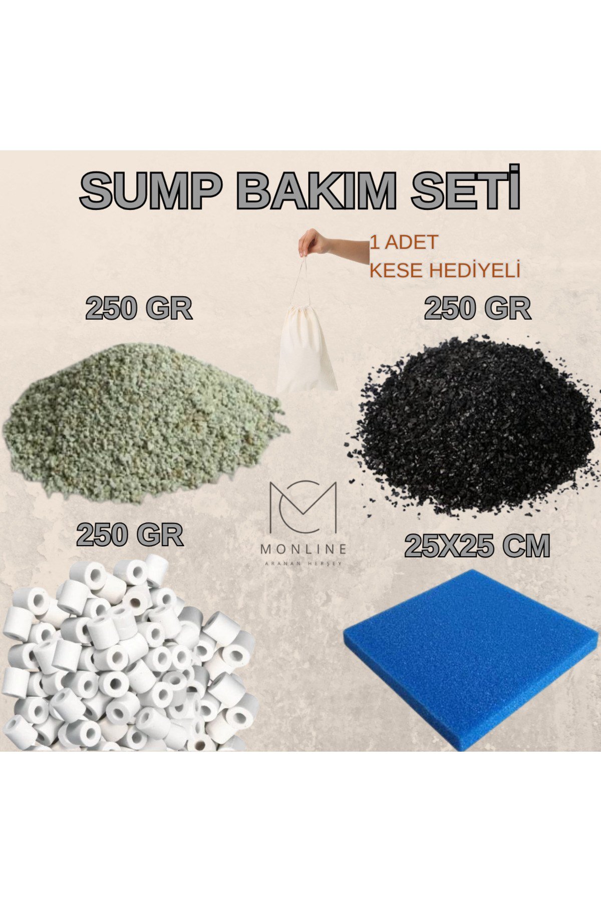 SUMP BAKIM SETİ 250GR ZEOLİT - 250GR AKTİF KARBON - 250GR SERAMİK HALKA - 25X25CM SÜNGER KESE HEDİY