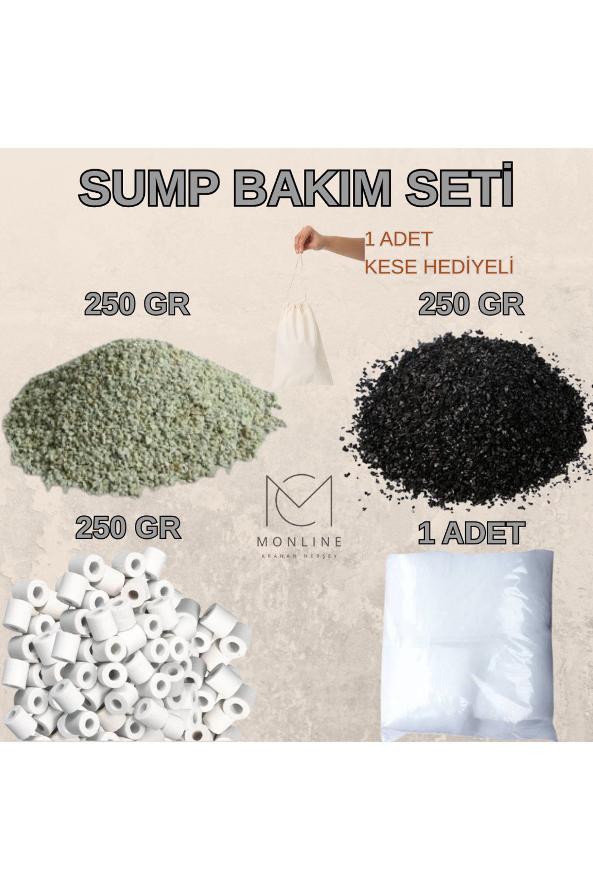 SUMP BAKIM SETİ 250GR ZEOLİT - 250GR SERAMİK HALKA - 250GR AKTİF KARBON - 1 ADET ELYAF YANINDA KESE