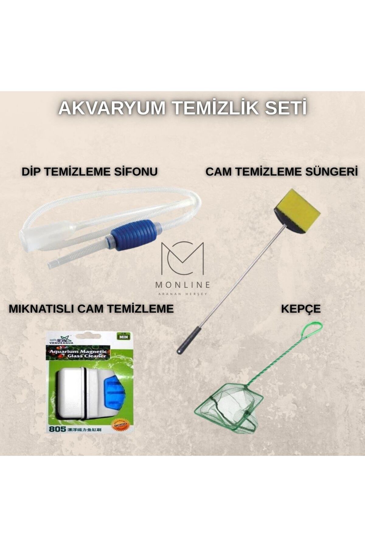 AKVARYUM TEMİZLİK SETİ DİP SİFONU - SAPLI TEMİZLİK SÜNGERİ - MIKNATISLI CAM TEMİZLEME - KEPÇE