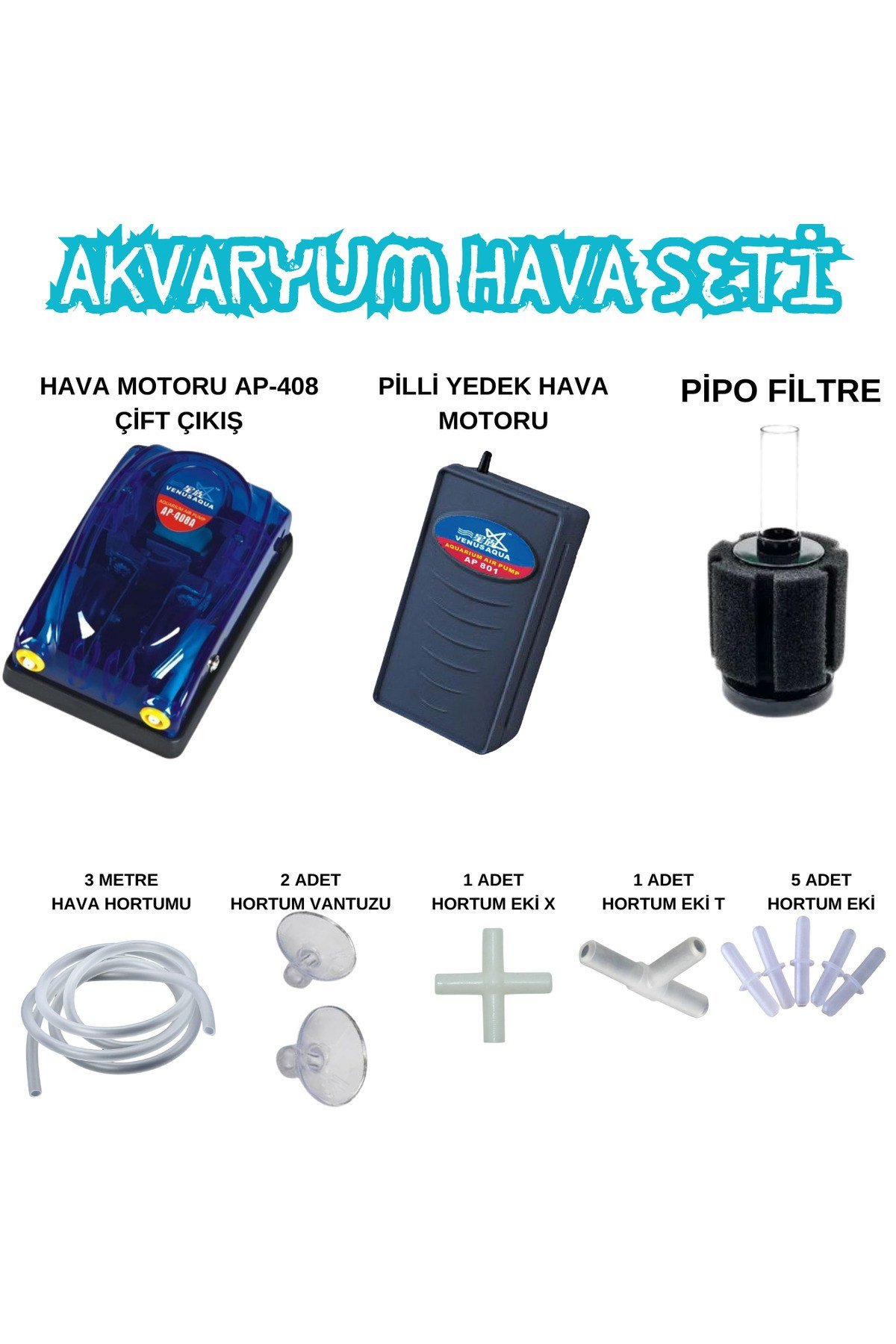 Akvaryum Hava Seti Çiftli Ap408 Hava Motoru-pipo-hortum-yedek Motor-9 Parça Ek Monline