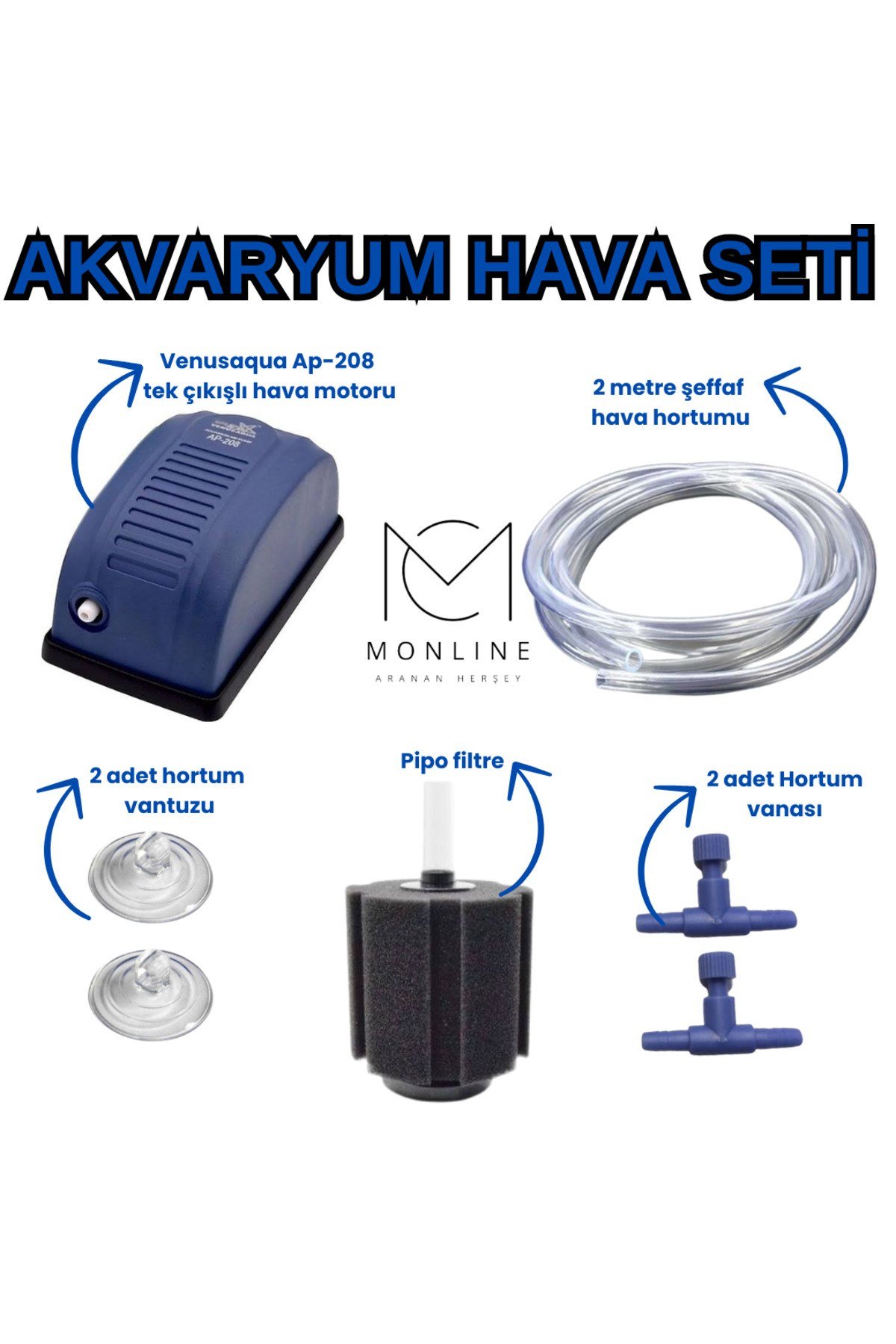 Akvaryum Motor Full Set (HAVA HORTUMU, PİPO, VANTUZ, VANA, MOTOR) Monline