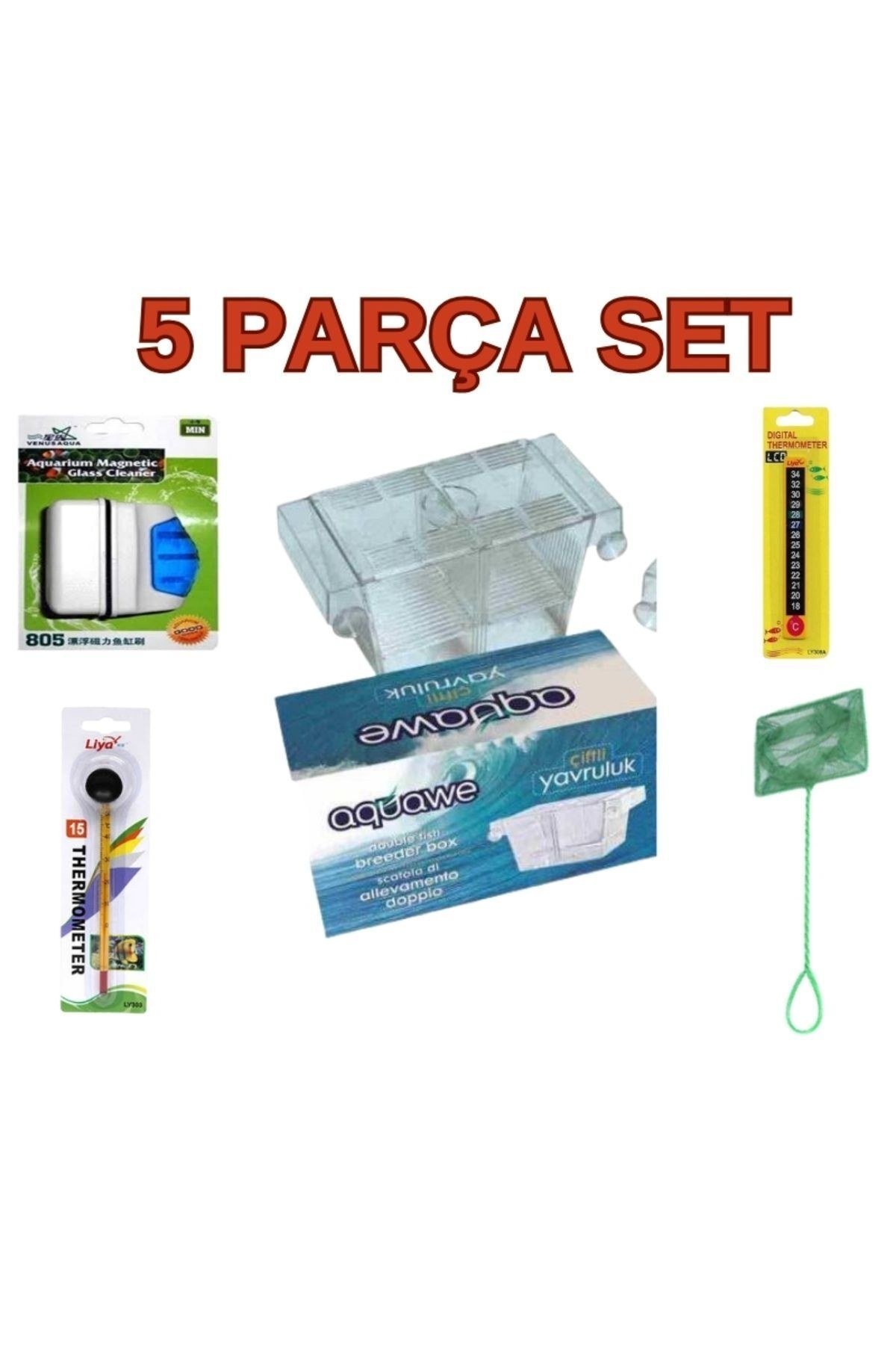 5 PARÇA AKVARYUM SETİ AQUAWE ÇİFTLİ YAVRULUK, LİYA DERECE 2 ADET, 3'KEPÇE, MIKNATISLI SİLECEK MS AKV
